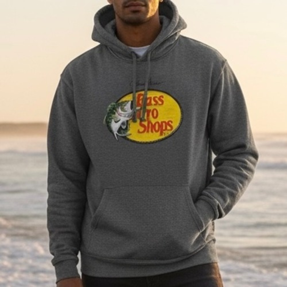 Bass Pro Shops Mens XL Charcoal Grey Graphic Logo Hoodie Sweatshirt Outdoor Camp